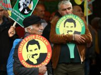 People take part in a demonstration to call for the liberation of Kurdistan Worker's Party (PKK) leader Abdullah Ocalan outside the European Council in Strasbourg, eastern France, on September 15, 2025. (Photo by Frederick FLORIN / AFP) Kurdistan Worker's Party (PKK)