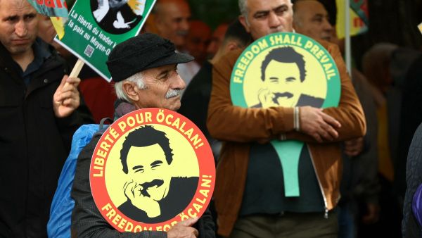 People take part in a demonstration to call for the liberation of Kurdistan Worker's Party (PKK) leader Abdullah Ocalan outside the European Council in Strasbourg, eastern France, on September 15, 2025. (Photo by Frederick FLORIN / AFP) Kurdistan Worker's Party (PKK)