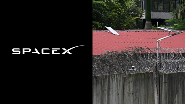 SpaceX/ This photo taken on September 17, 2025 shows what appears to be a Starlink satellite dish on the roof of a building at the KK Park complex in Myanmar's eastern Myawaddy township, as pictured from Mae Sot district in Thailand's border province of Tak. (Photo by AFP) Myanmar