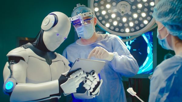 Robot holding digital tablet helps doctor to perform surgical operation in modern hospital. (Shutterstock) AI doctor
